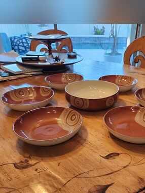 Denby Langley Fire Chilli Swirl 9 5/8" Pasta Serving Bowl & 6 Pasta Bowls 8 3/4"